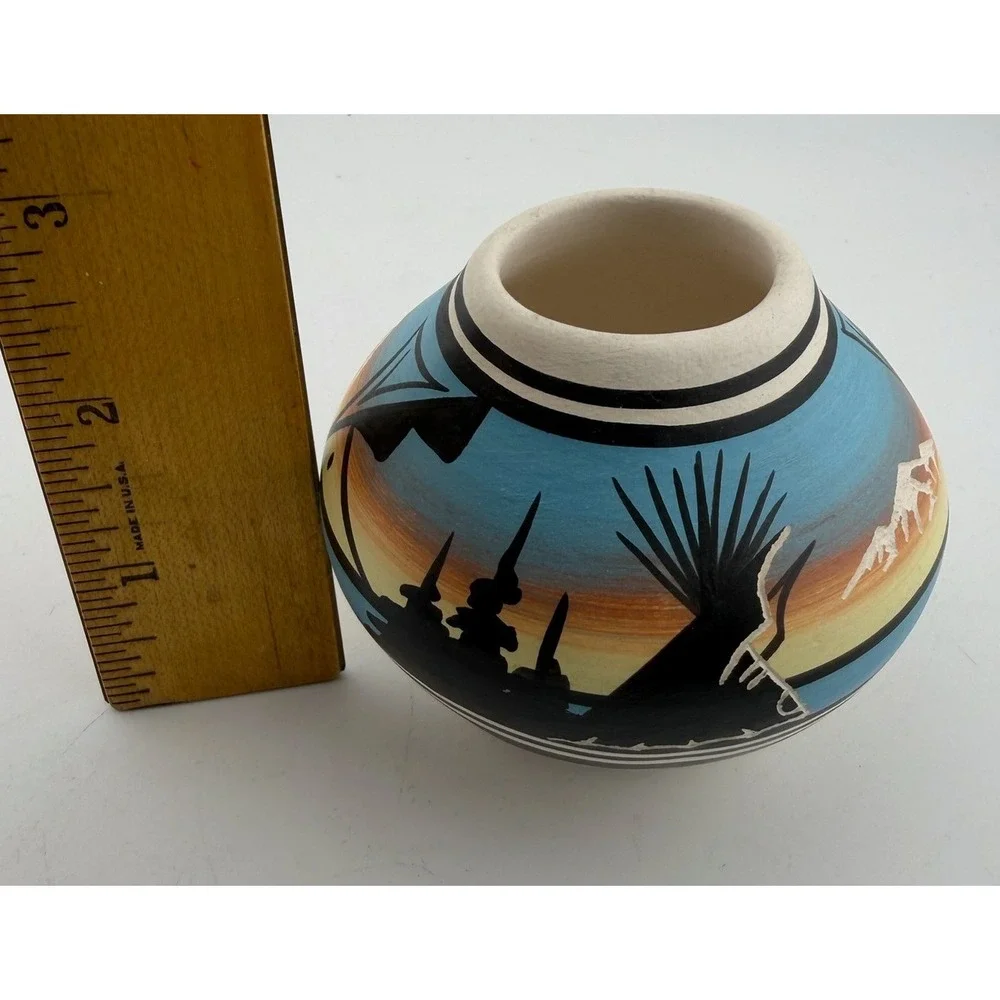 Southwestern Style Ceramic Pot Hand Painted Desert Scene‎ Bird Motif Signed